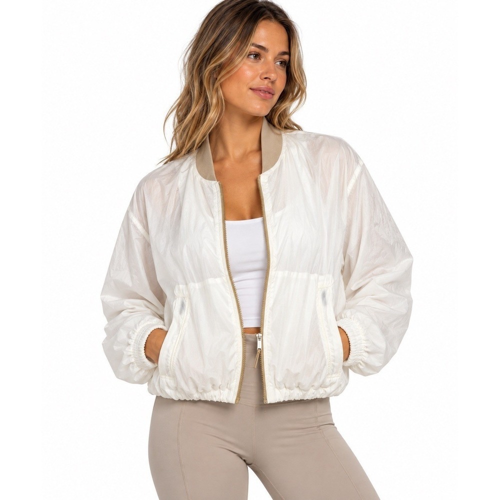 Athleta White Bomber Jacket Women's Large Lightweight Zip Front Nylon Athletic
